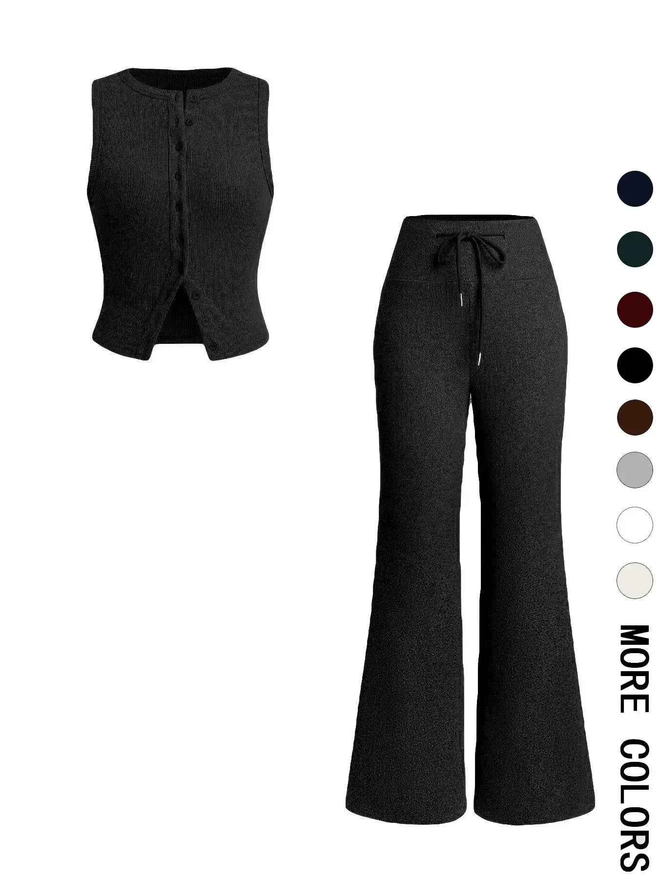 Women'S Casual Summer Plain Color Sleeveless Top & Wide Leg Drawstring Pants Set, Slim-Fit Design, Comfortable Knit Fabric, Perfect for Daily Wear, Womenswear