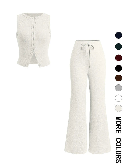 Women'S Casual Summer Plain Color Sleeveless Top & Wide Leg Drawstring Pants Set, Slim-Fit Design, Comfortable Knit Fabric, Perfect for Daily Wear, Womenswear