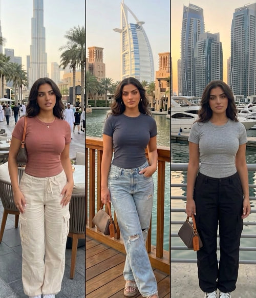 Woman in three different outfits standing in front of city skyline and waterfront.